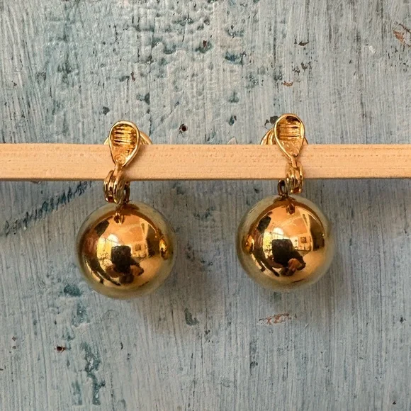 Vintage Monet Gold Ball Clip-On Drop Earrings - Picture 2 of 7